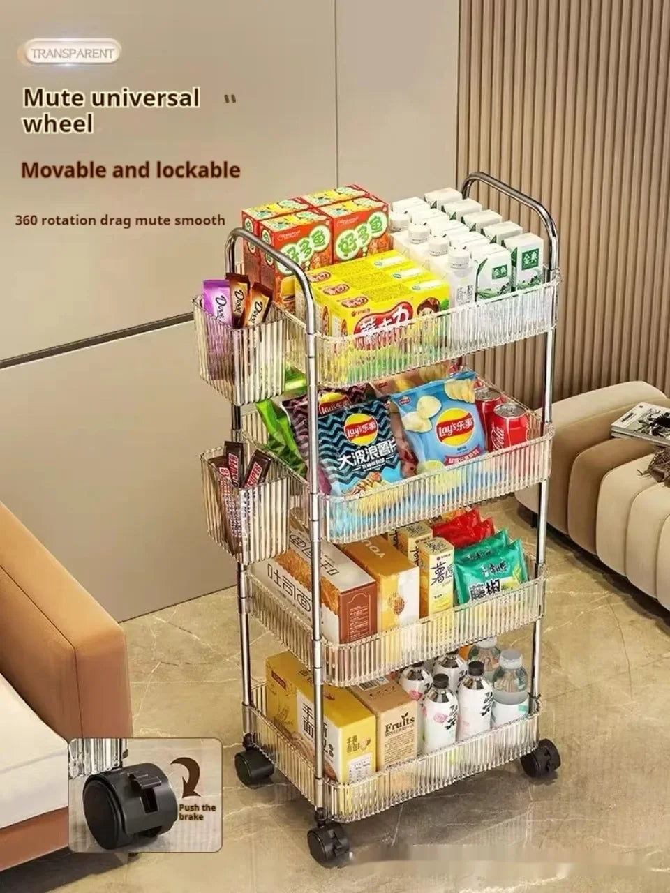3 Layers Transparent Storage Rack Trolley Acrylic Rolling Cart with Hanging Basket Bathroom Acrylic Makeup Bookshelf organizer