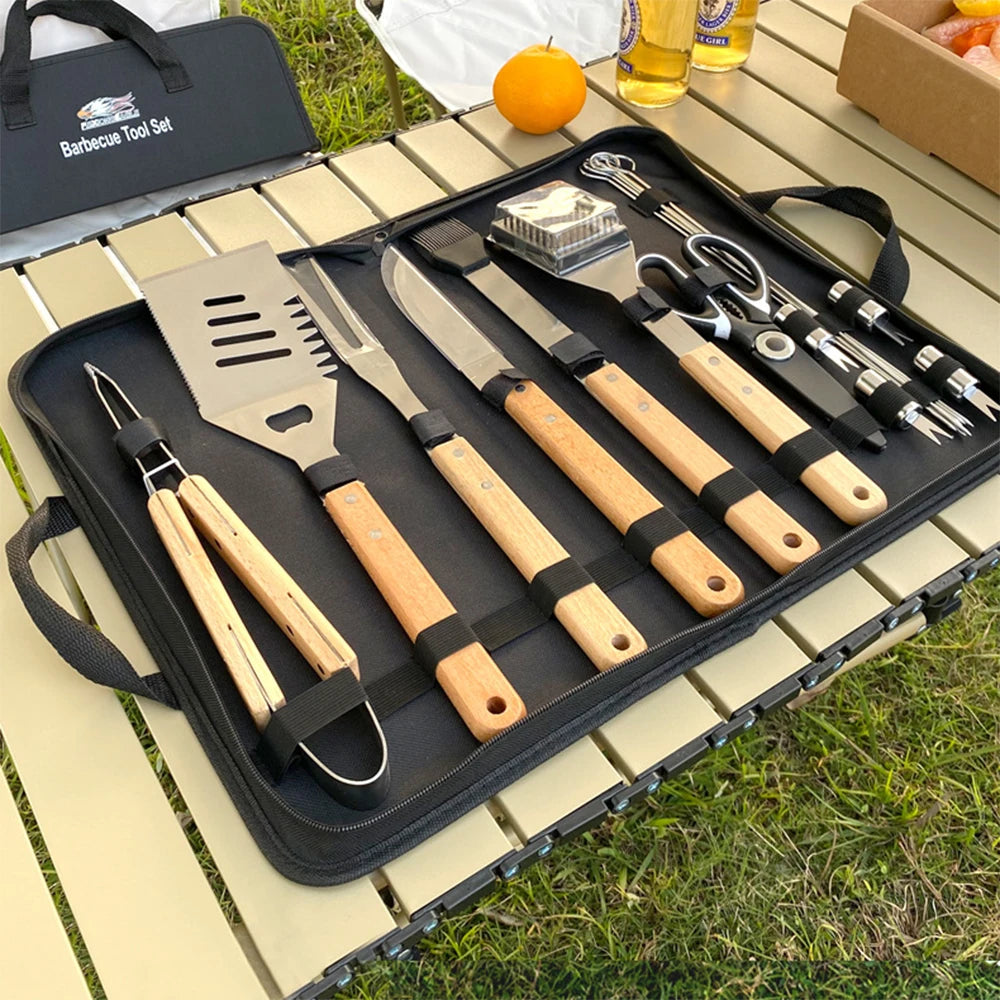 Outdoor camping barbecue tool combination wooden handle fork shovel clip BBQ accessories cloth bag stainless steel grill set