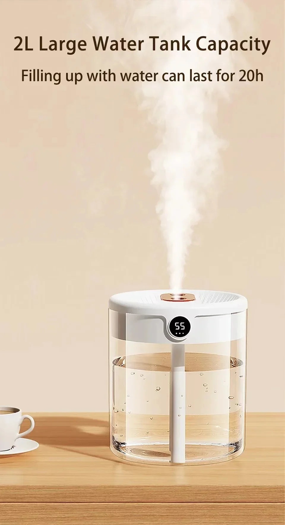 Dual Spray Humidifier USB Large Capacity Home 2L Quiet Bedroom LED Digital Display Night Light Office Desktop Mini Diffuser