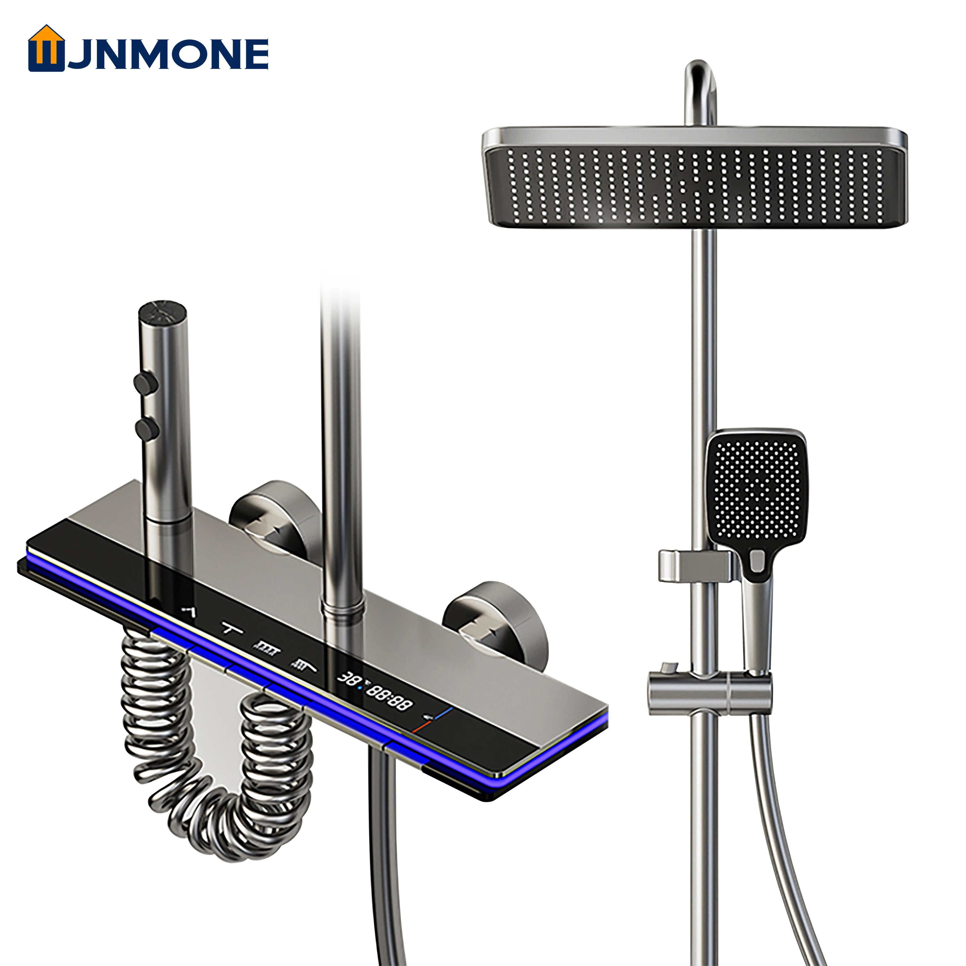 Modern Bathroom Faucet Set Wall Mounted LED Display Rain Shower System Bathtub Hot and Cold Mixer Crane Gun Gray Shower Full Set