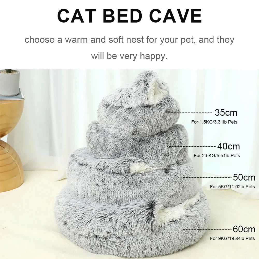 Snooze Cat Bed Round Plush Fluffy Hooded Cozy Cat Bed Cave for Indoor Donut Self Warming Small Dog Bed Anti-anxiety for Winter