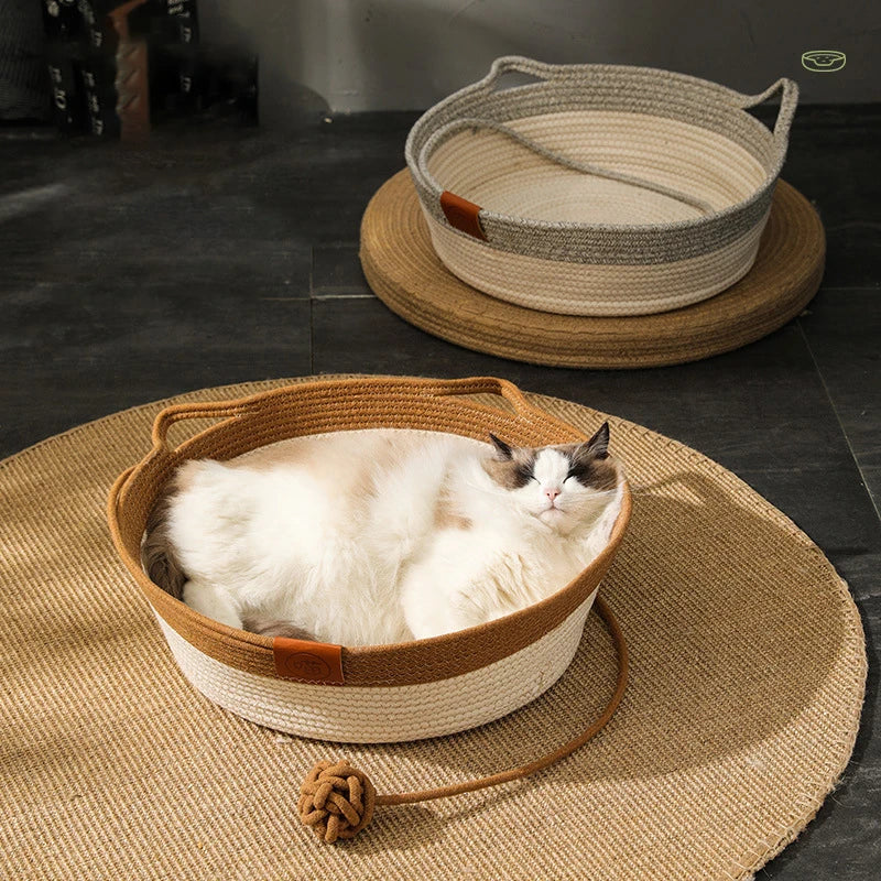 Cat Bed Handmade Rattan Woven Pet Nest Removable Washable Warm Pad All-Season Cat Scratch Board Winter Warm Cat House for Cats