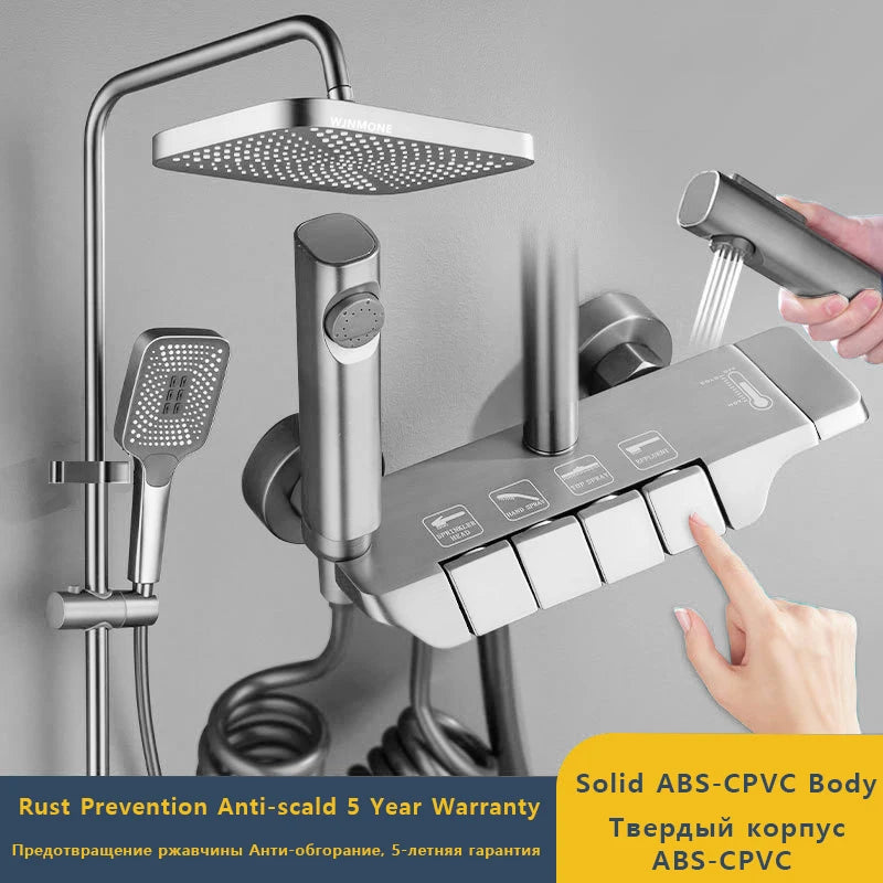 Cheap Gun Gray Bathroom Shower Faucet Set 4 Way ABS Hot and Cold Shower Crane Mixer Tap Bathtub Rainfall Showers System Full Set