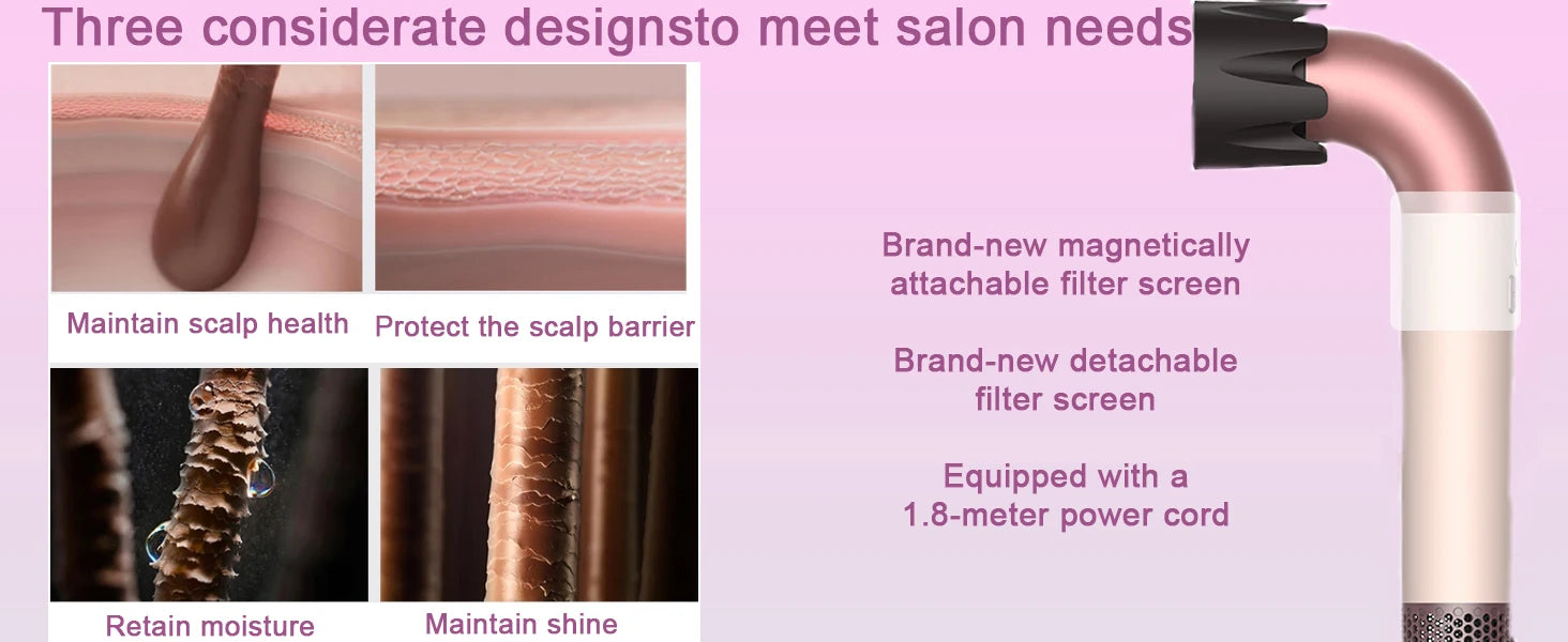 Hair dryer, 1400W high power, quick drying, lightweight body, low noise, comes with multiple types of air nozzles.