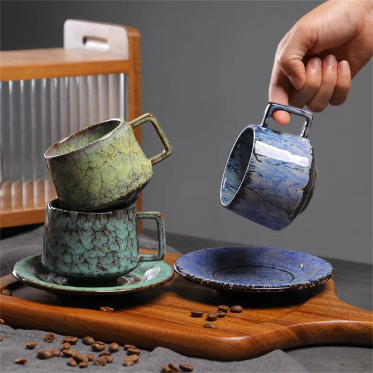 180ML Japanese Espresso Cup and Dish Kiln Transformed Ceramic Cup Retro Coarse Ceramic Mug Living Room Decoration