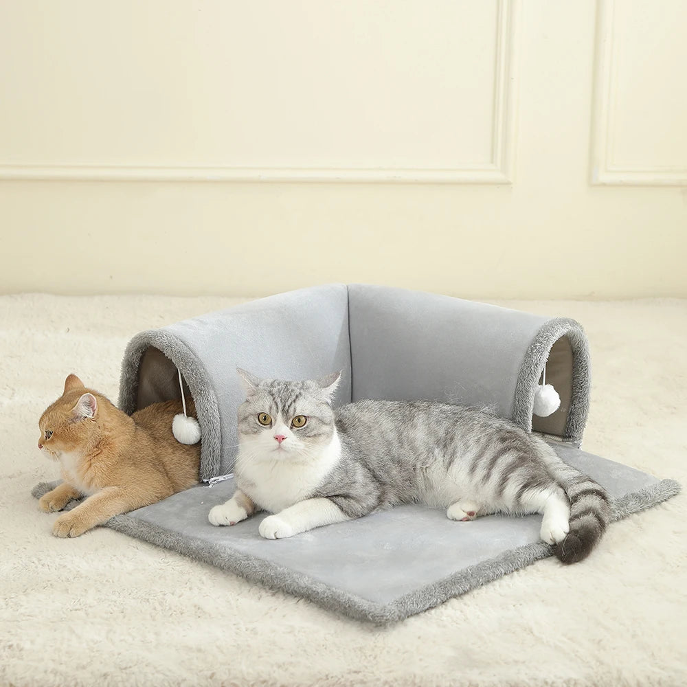 Cozy Cat Bed with Tunnel for Indoor Cats Multifunctional Cat Activities Tunnel Bed with hanging balls Cat Bed with Tunnel