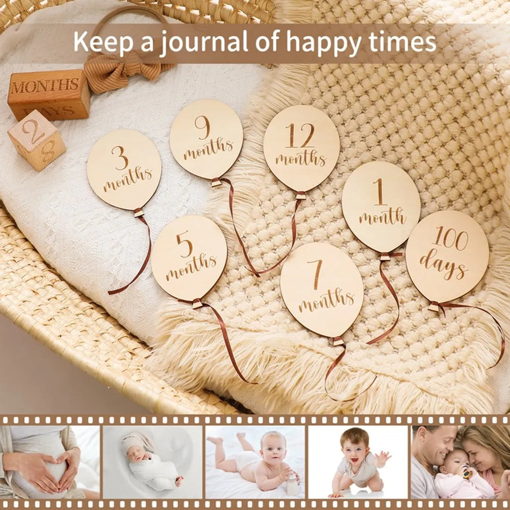 Baby Wooden Memorial Monthly Cards Moon Shape Monthly Newborn Engraved Age Photography Props Accessories Baby Birthing Gift