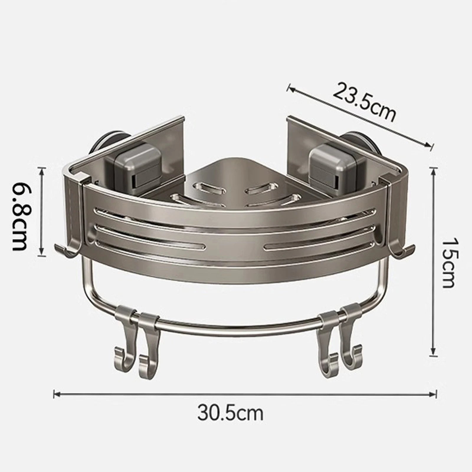 Triangular Shower Shelf with Hooks Suction Cup No Drill Bathroom Organizer Aluminum Corner Rack for Shampoo Soap Kitchen Storage