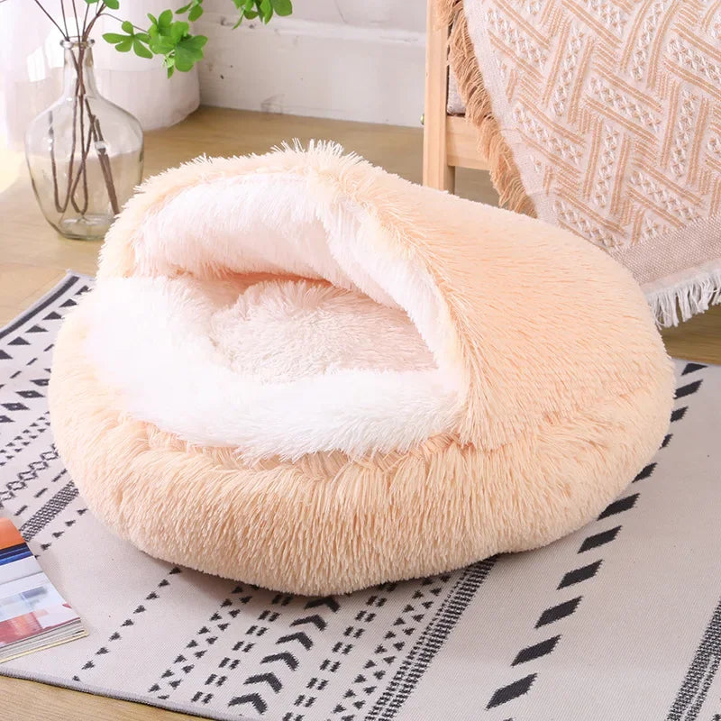 Snooze Cat Bed Round Plush Fluffy Hooded Cozy Cat Bed Cave for Indoor Donut Self Warming Small Dog Bed Anti-anxiety for Winter