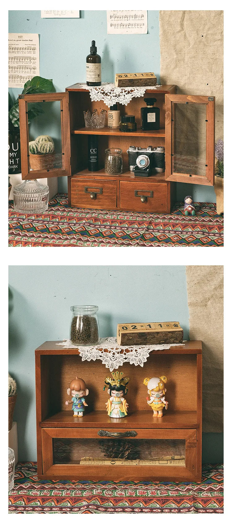 Nordic solid wood retro wooden double door display cabinet miscellaneous cosmetics storage cabinet drawer desktop storage box