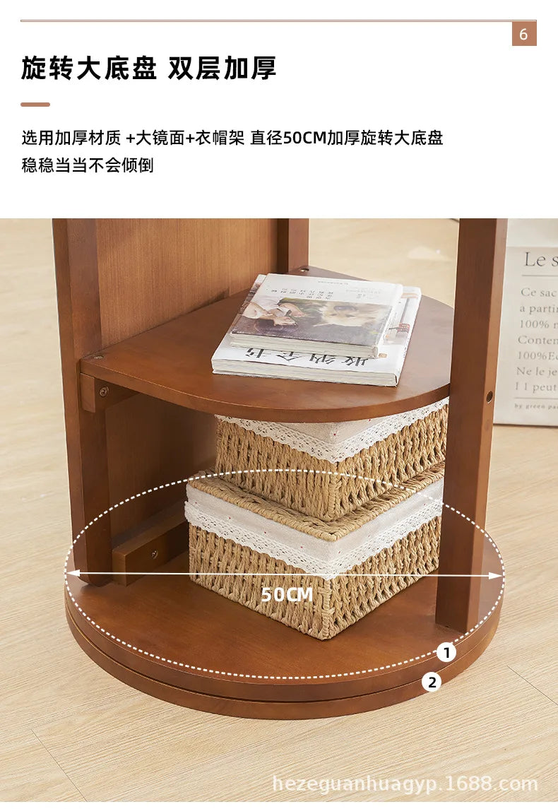 Solid Wood Full Body Floor Mirror for Home Bedroom Rotatable Movable Dressing Room Mirror with Clothes Hanger