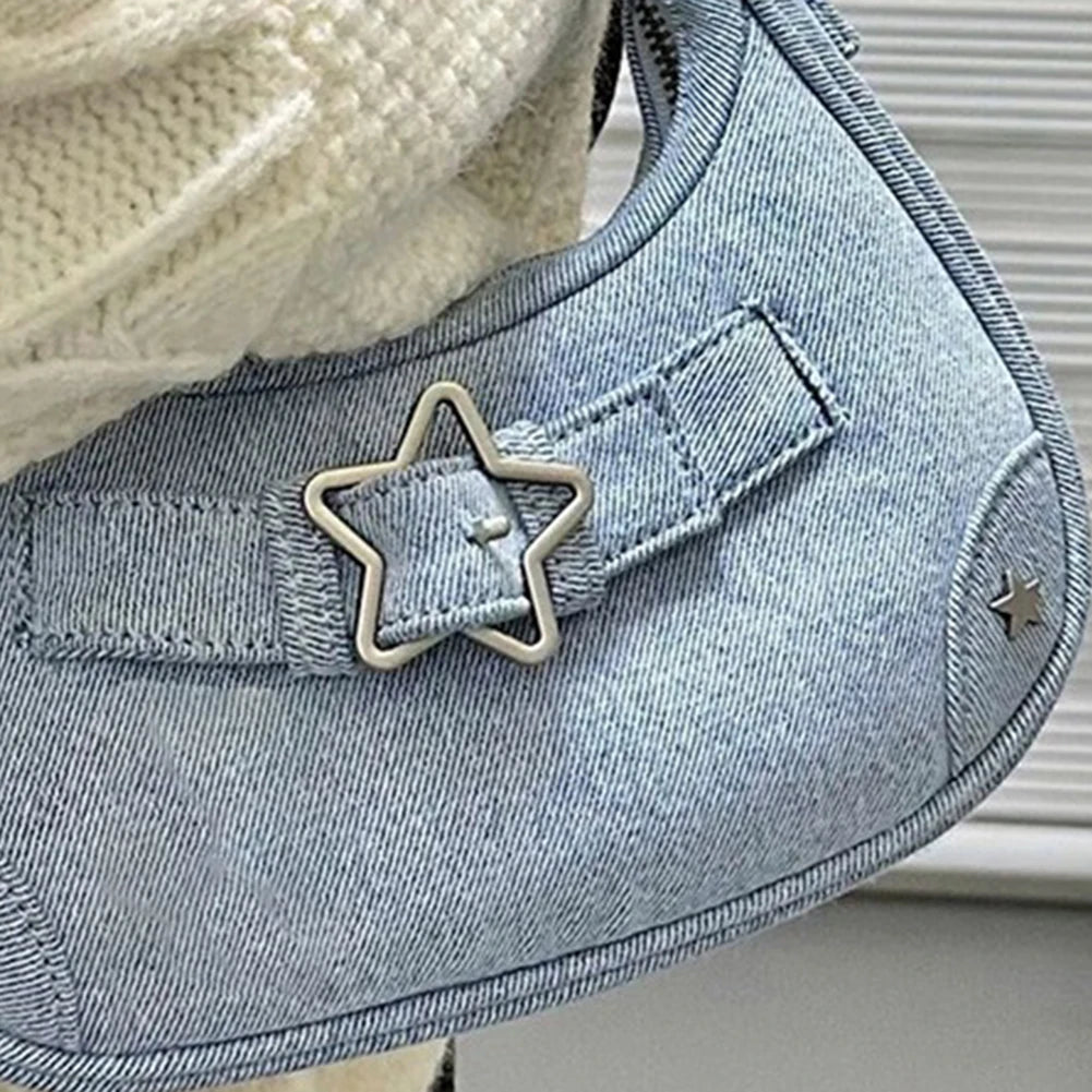 Women Shoulder Handbag Vintage Y2K Casual Hobos Zipper Star Decor Solid Color Gift for Girls Ladies Purse Tote Bag