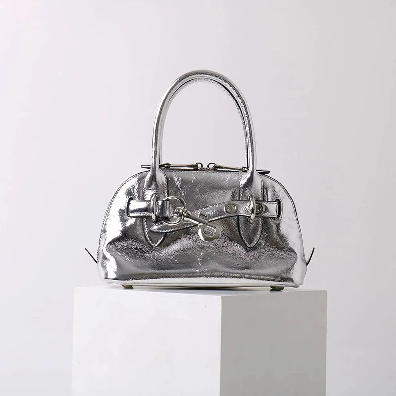 2025 Luxury Brand Genuine Leather Women Handbags Fashion Gold Buckle Shoulder Bags Women Spring Retro Sheepskin Boston Bags Lady