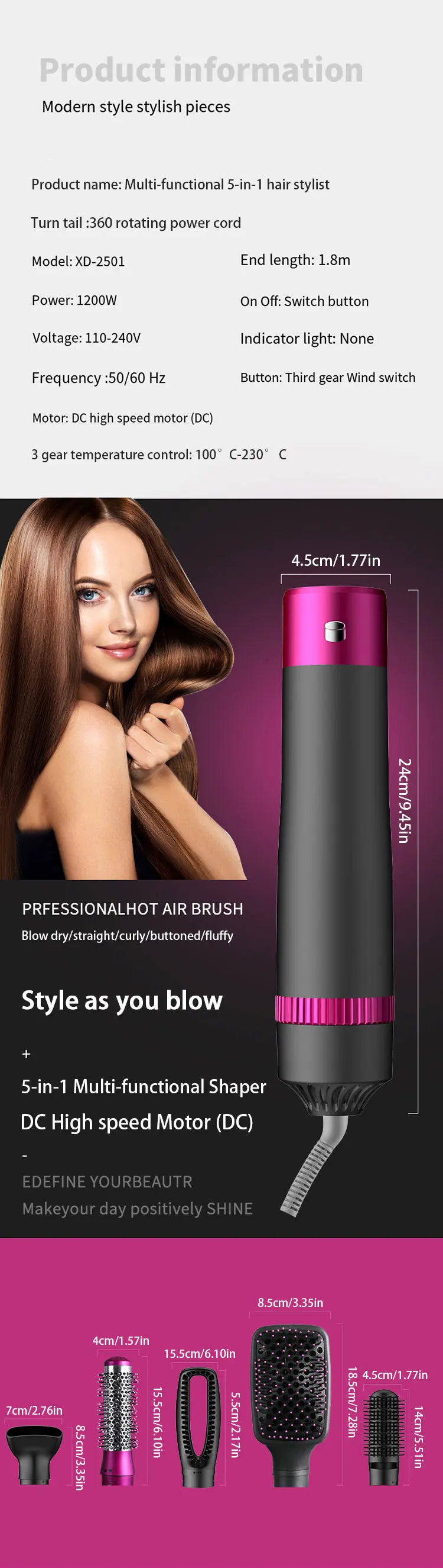 HOMEFISH 5 in 1 Hair Dryer Brush Hot Air Brush & Volumizer Styler Set with Interchangeable Brush Head Negative Ionic Blow Dryer