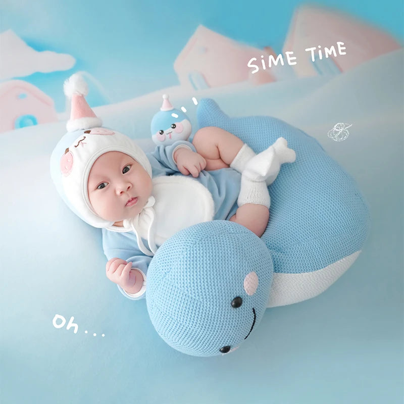 Baby Photography Clothes Cartoon Knitted Jumpsuit With Tail+Hat+Dolls 4pc/Set Newborn Costume Cute Snake Toy Pillow Accessories