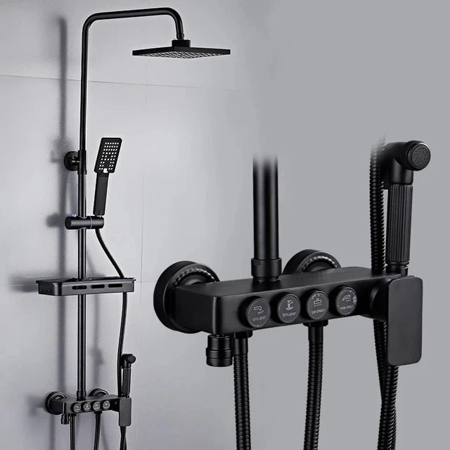 KEMAIDI Black Gold Shower Faucet Set Bathtub  4-way Mixer  Tap with Bidet and Shelf  Bathroom Rainfall Shower Systerm Wall Mount