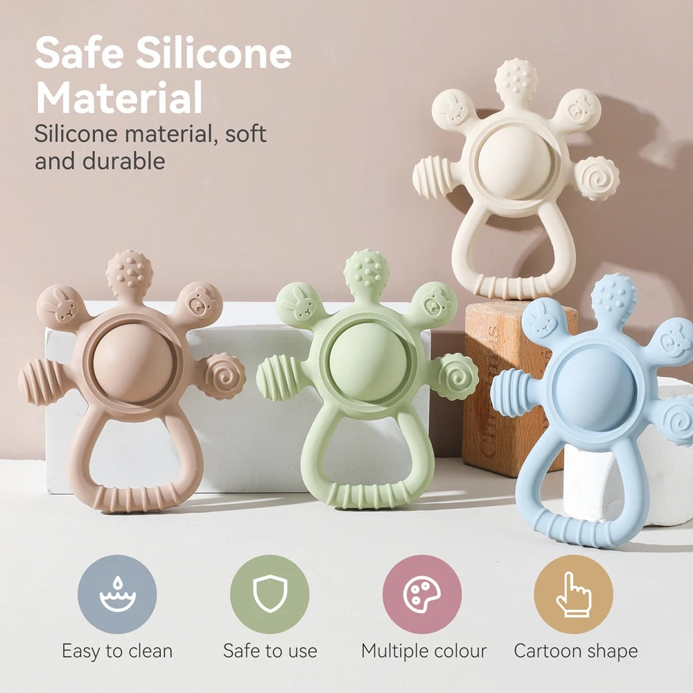 BPA Free Silicone Teether Food Grade Baby 0-12 Toys Teething Rattle Sensory Toys for Toddlers Silicone Hand Bell Soothing Toys