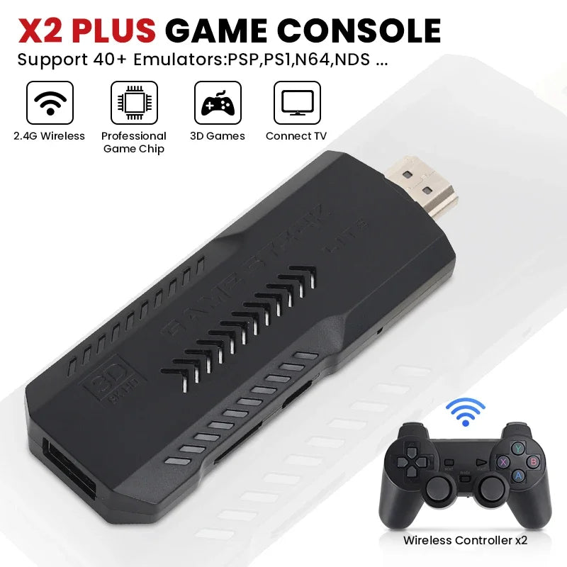 New X2 Plus Game Stick 4K HD Video Game Console 2.4G Double Wireless Controller Game Stick For N64/PSP/PS1/GBA