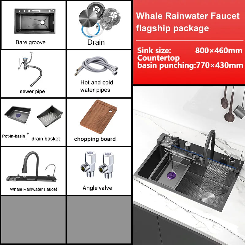 Stainless Steel Waterfall Kitchen Sink New Embossed Extra Large Single Slot Modern Digital Display Dishwashing Basin