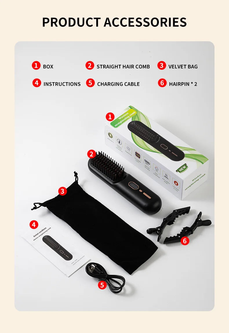Household Wireless Portable Digital Negative Ion Straight Hair Comb TYPE-C Charging Roll Dual Purpose Straight Comb