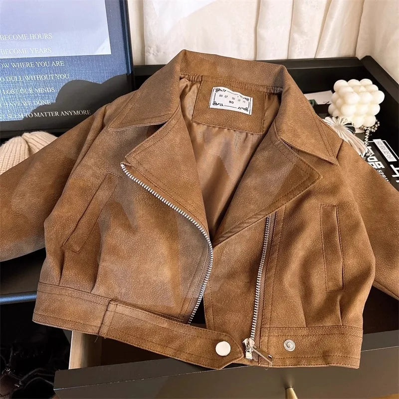 2 3 4 5 6 8 Years Girls Jacket Spring Autumn New Fashion Artificial Leather Coat For Kids Leisure Stain Resistant Outerwear