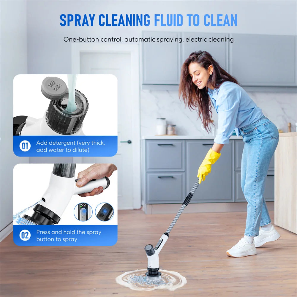 Cordless Electric Spin Scrubber Cleaning Brush with Spray Function Shower Cleaning with 7 Brush Heads 3000mAH Battery 2 Speeds