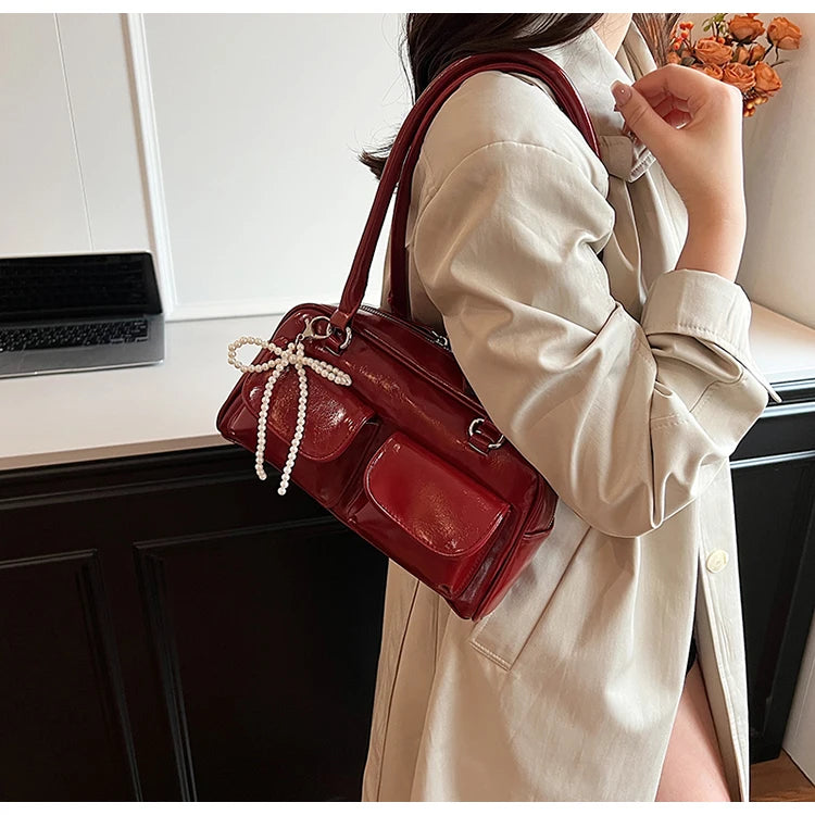 Solid Sewing Thread Fashion Glossy PU Shoulder Bags Baguette Versatile Hand Bags 2025 Hot Sale Bags for Women Bolsas Femininas