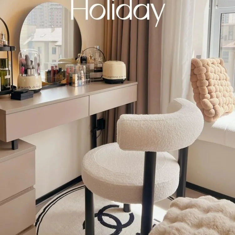 Cloud Vanity Stool Plush Lambwool Round Silhouette, Bedroom Makeup Chair with Designer Cloud Aesthetic Ergonomic Lumbar Support