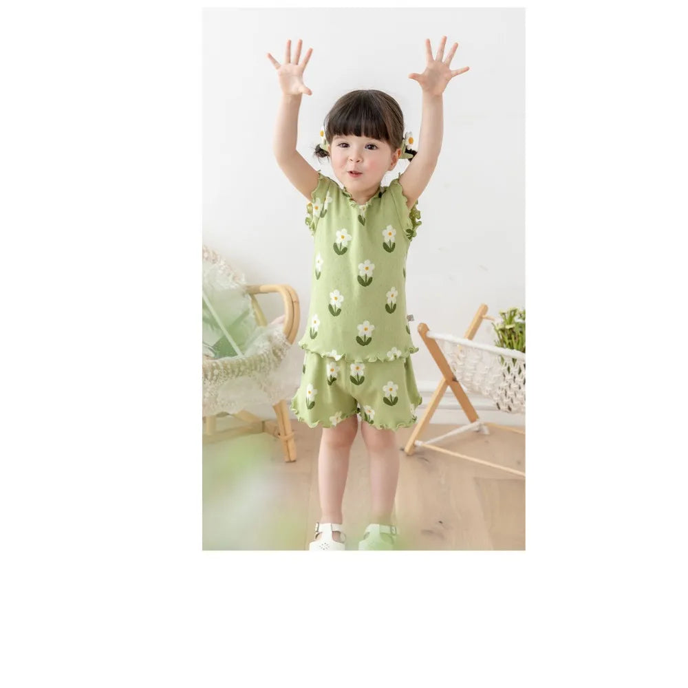 Bear Leader Summer New Pajama Baby Girl Clothes 3-7 Years Old Flower Printed Short Sleeved Top + Shorts Cute Children's Set