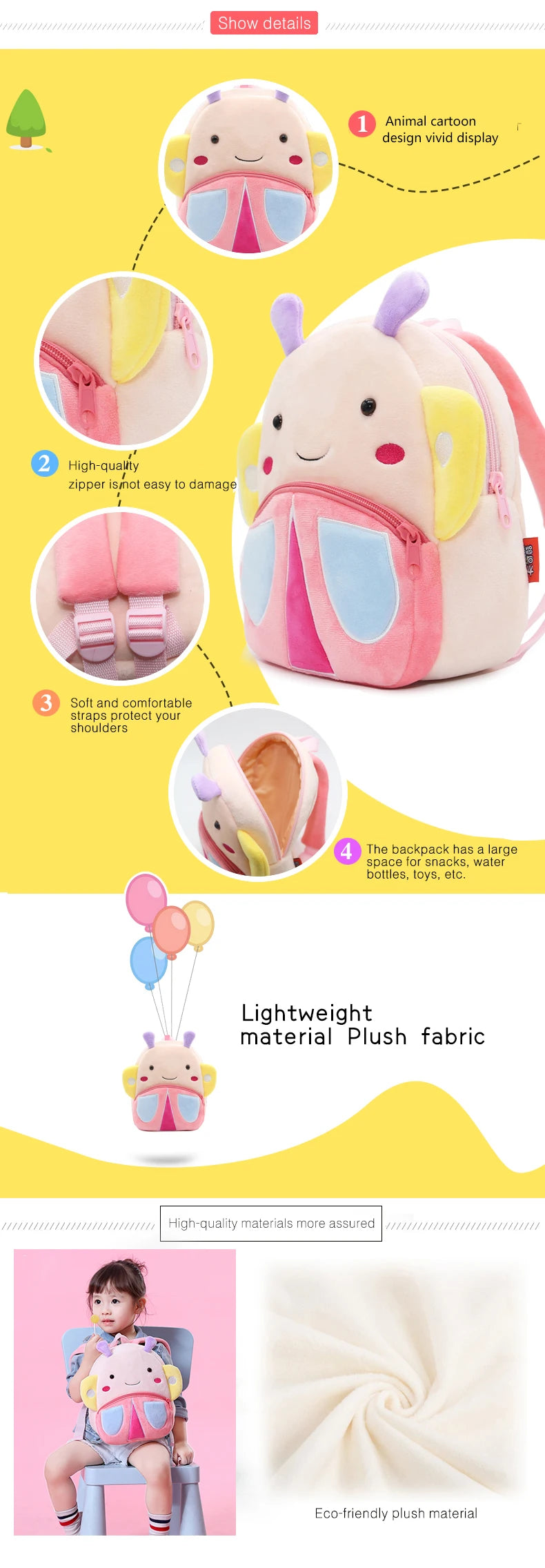 Girls School Backpack Cute Pink Butterfly Kids Plush Backpack Kindergarten School Bag