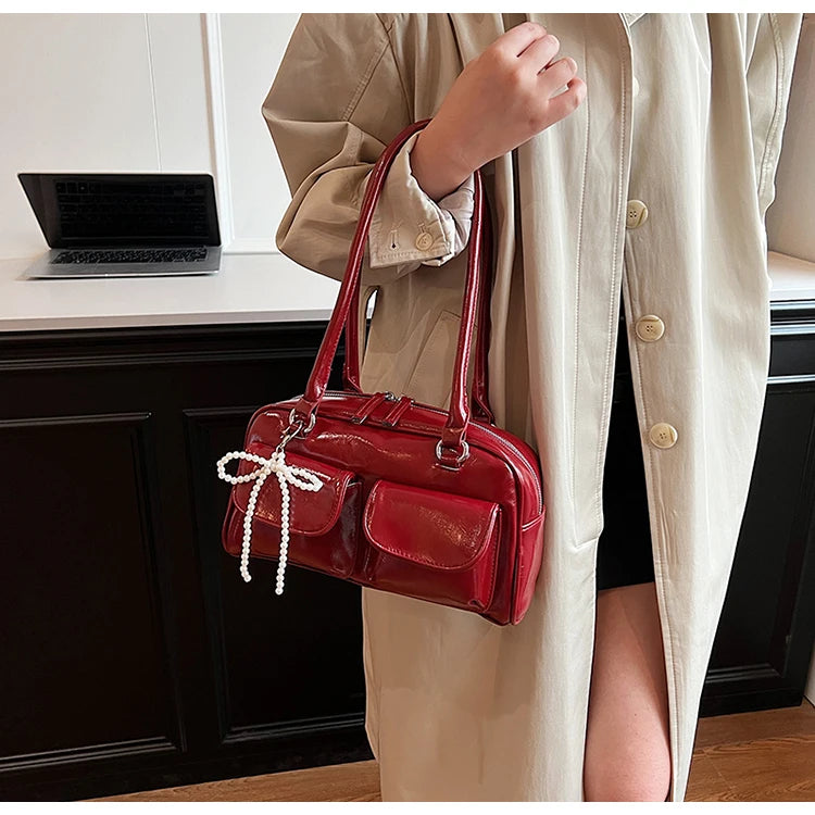 Solid Sewing Thread Fashion Glossy PU Shoulder Bags Baguette Versatile Hand Bags 2025 Hot Sale Bags for Women Bolsas Femininas