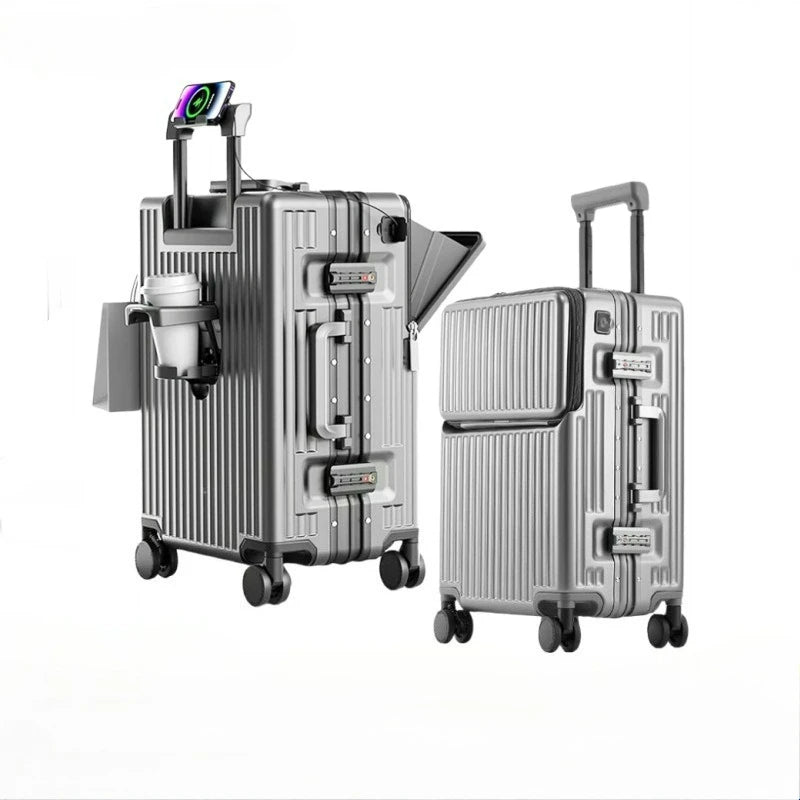 Aluminium Frame Rolling Luggage with Cup Holder Mobile Phone Holder Front Opening Suitcase Large capacity Travel Suitcase