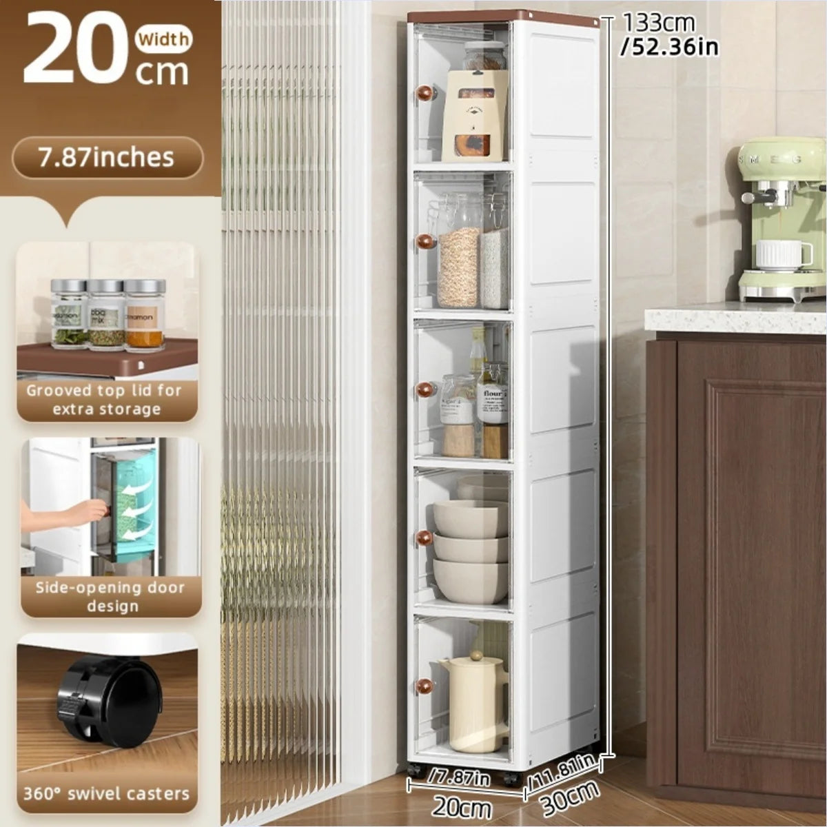 The transparent storage cabinet with wheels in the gap saves space in the kitchen and living room for storing snacks