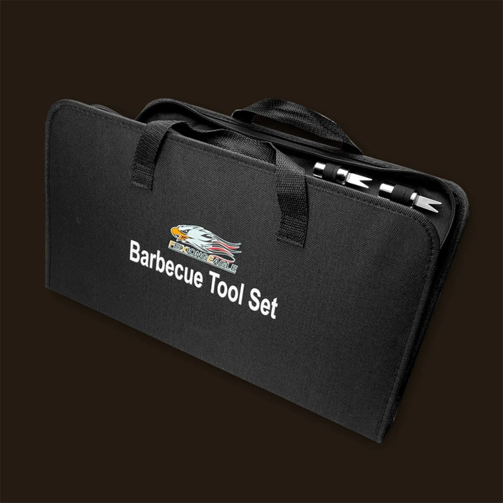 Outdoor camping barbecue tool combination wooden handle fork shovel clip BBQ accessories cloth bag stainless steel grill set