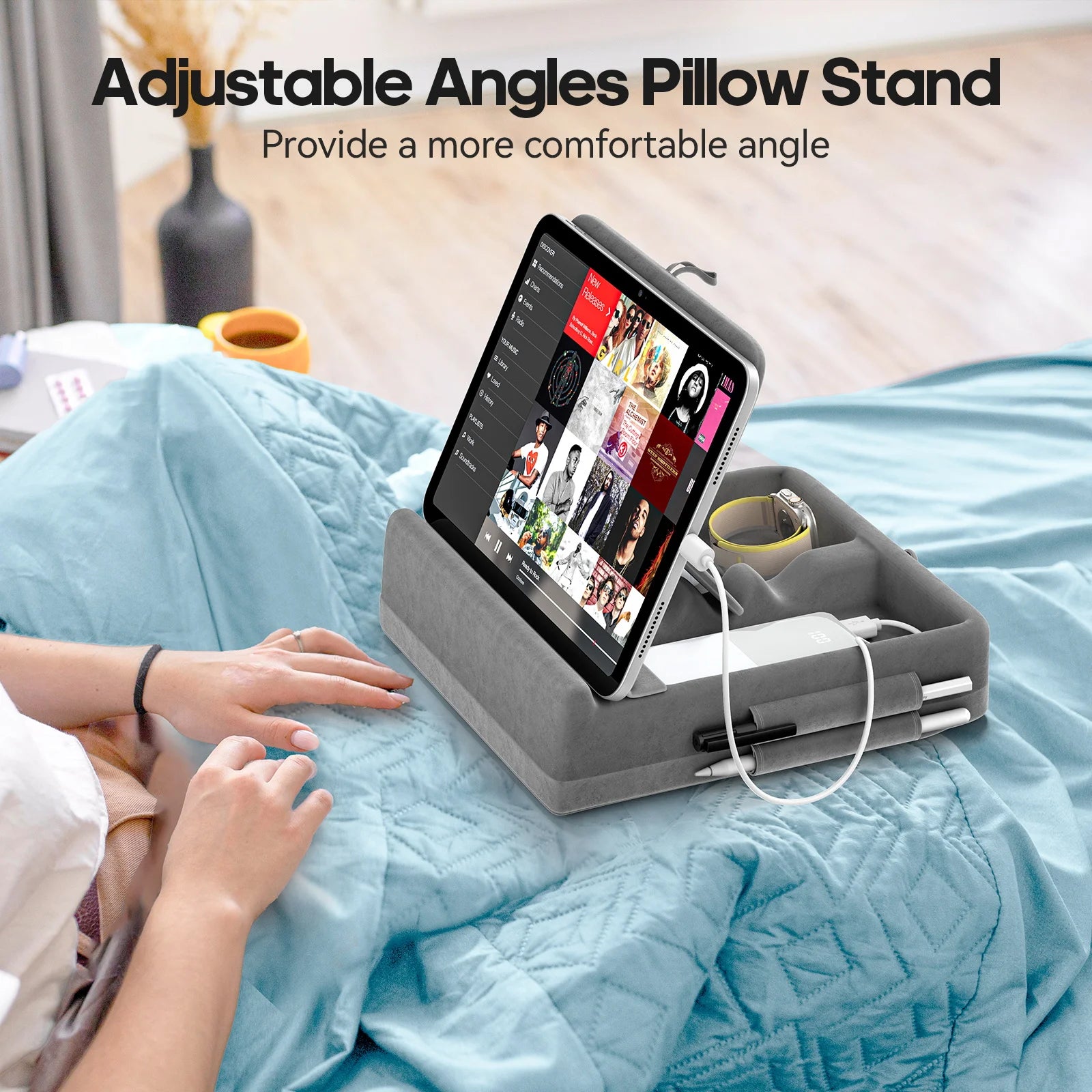 Tablet Pillow Stand with Storage Foldable iPad Holder for Bed & Lap and Desk Angle Adjustable Soft Pad Dock with Stylus Mount