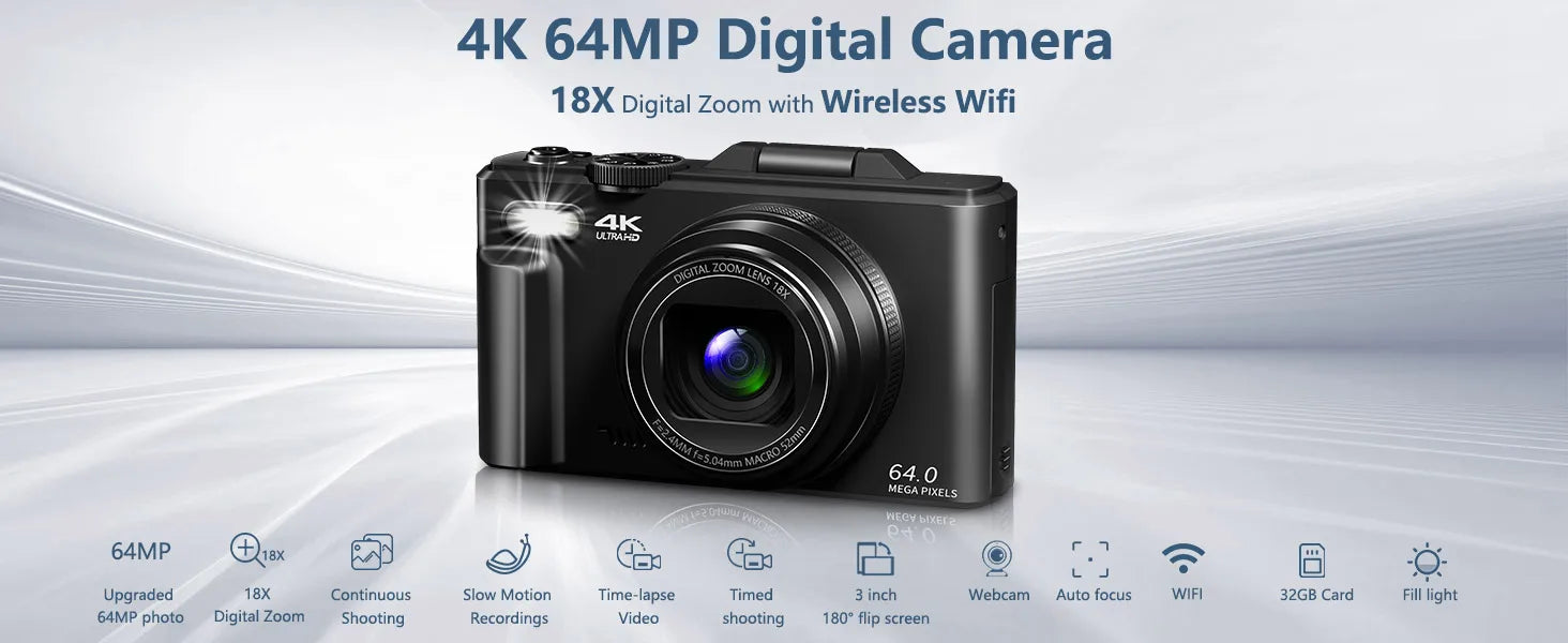 4K compact digital photography camera, 18x digital zoom, vintage vlog video recorder for YouTube, 180° flip screen, WiFi webcam