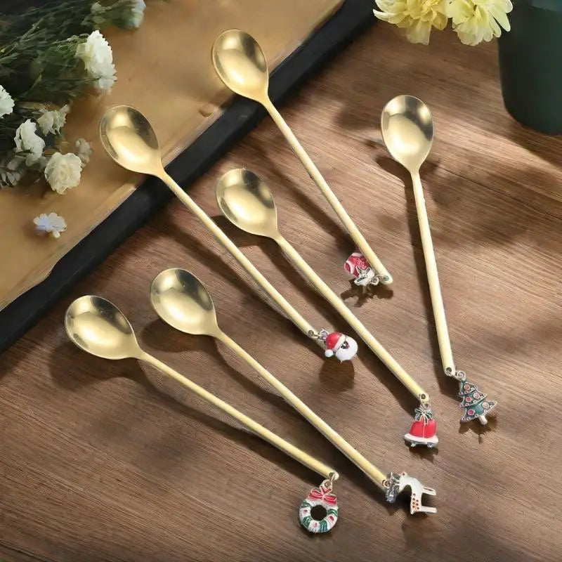 6PCS Christmas Spoons Coffee Cutlery Set Stainless Steel Cutlery Set Dessert Spoon Forks Christmas Gifts Elk Christmas Decoratio