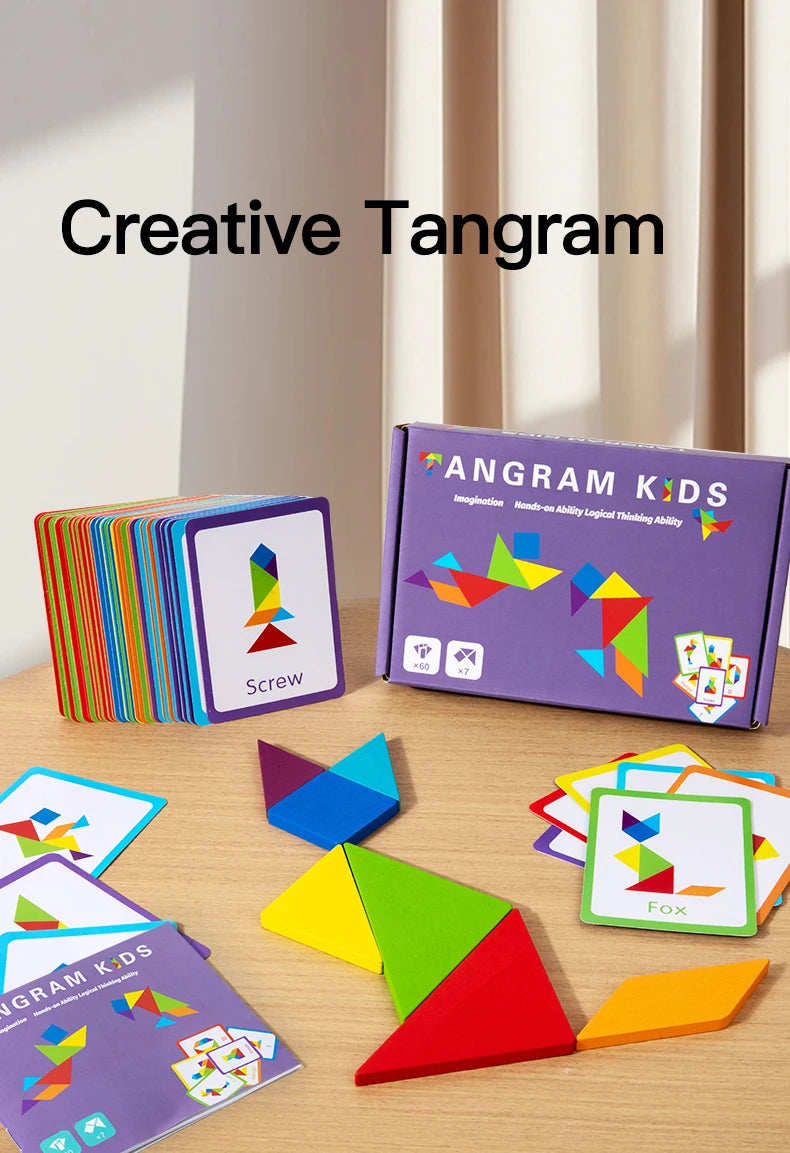 3D Wooden Tangram Jigsaw Puzzles Board Games Kids Montessori Educational Toys Children Kindergarten Geometric Shape Teaching Aid