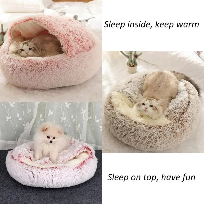 Snooze Cat Bed Round Plush Fluffy Hooded Cozy Cat Bed Cave for Indoor Donut Self Warming Small Dog Bed Anti-anxiety for Winter