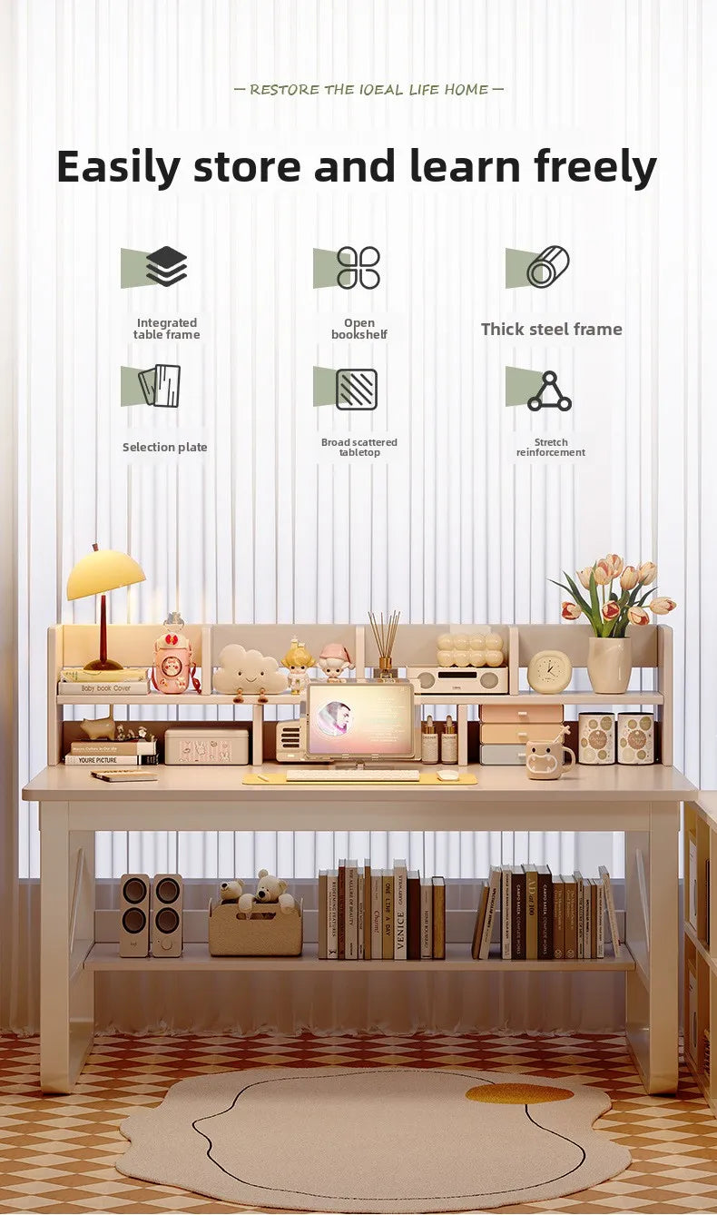 Solid Wood Computer Desk Household Desk Bookshelf Integrated Student Learning Desk Rental House Simple Office Table and Chair