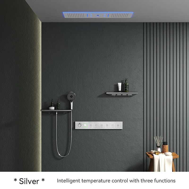 Luxury Ceiling Shower System Set Concealed Thermostatic Brass Digital Display Hydro Generator Rainfall  with Light and Bluetooth