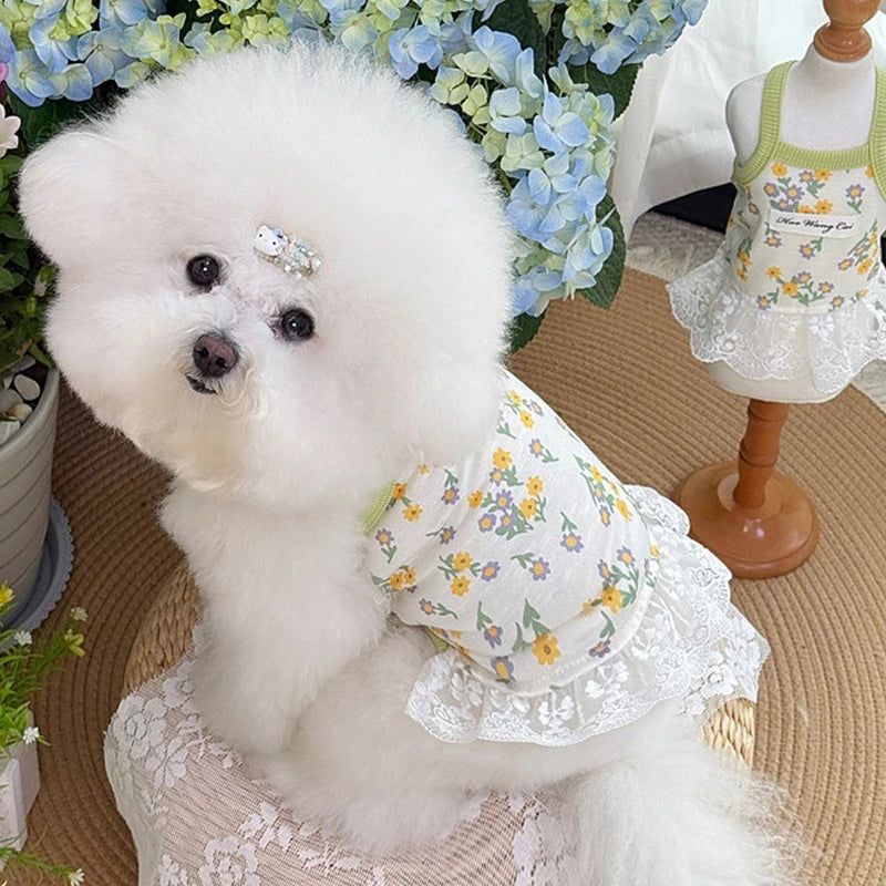 Floral Print Dog Dress Summer Thin Dog Clothes Fashion Puppy Princess Skirt Cute Lace Cat Dress Pet Suspender Vest Dog Apparel