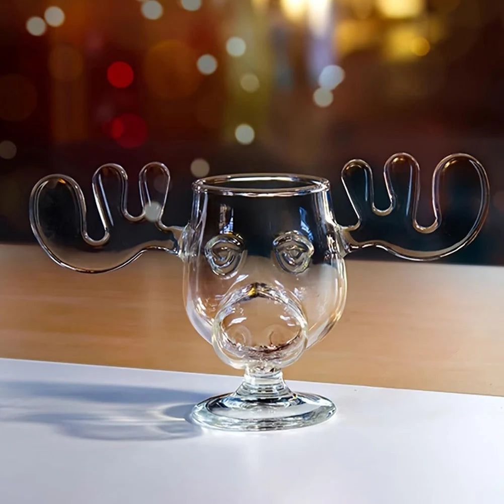 3-1PCS 240ml Christmas Vacation Eggnog Moose Mug Xmas Reindeer Head Creative Elk Glass Clear Wine Water Juice Milk Cup Drinkware