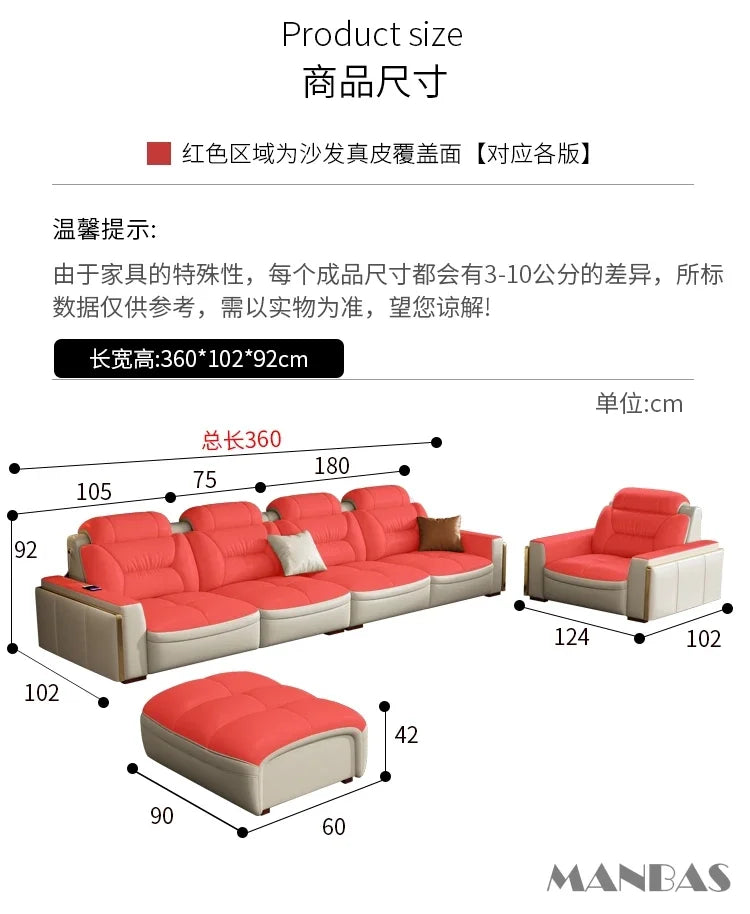 Premium Italian Genuine Leather Sectional Sofa Sets Couch Sofas with USB and Bluetooth Speaker - MANBAS Living Room Furniture