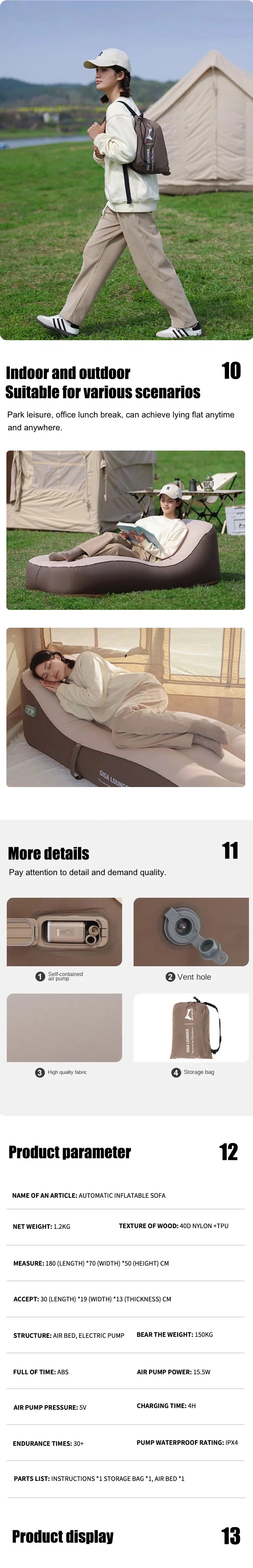 One Click Automatic Inflatable Chair, Outdoor Portable Camping Inflatable Sofa  USB Charging  Family Travel Lazy Air Cushion Bed