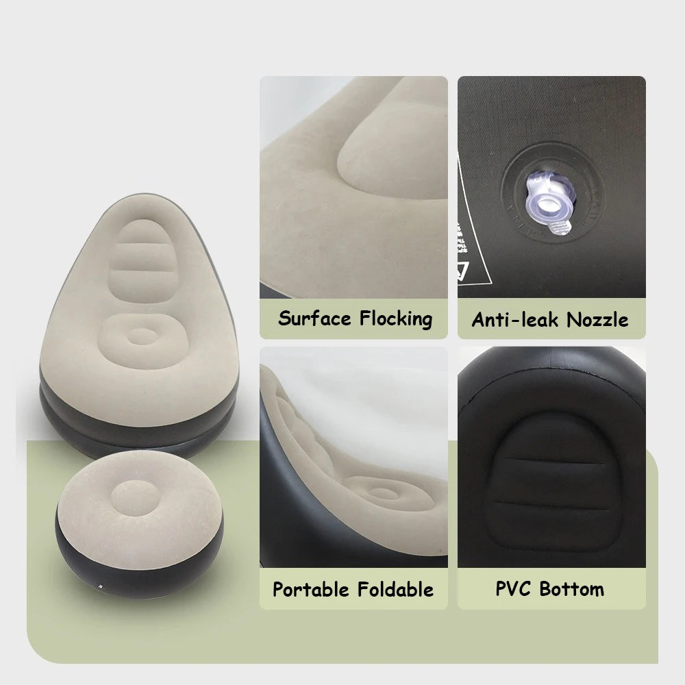 Lazy Inflatable Lounge Chair Pvc Flocking Sofa with Foot Stool Folding Portable Outdoor Camping Air Couch Sofa