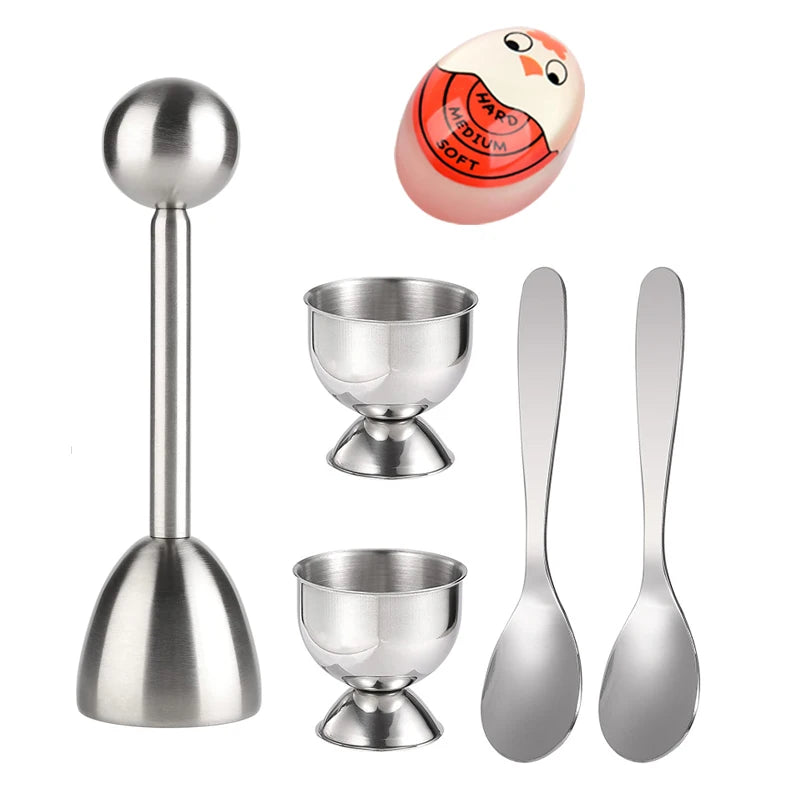 Egg Cup Topper Set Stainless Steel Soft Hard Boiled Egg Separator Holder with Egg Timer Spoon Cup Kitchen Gadget Tools