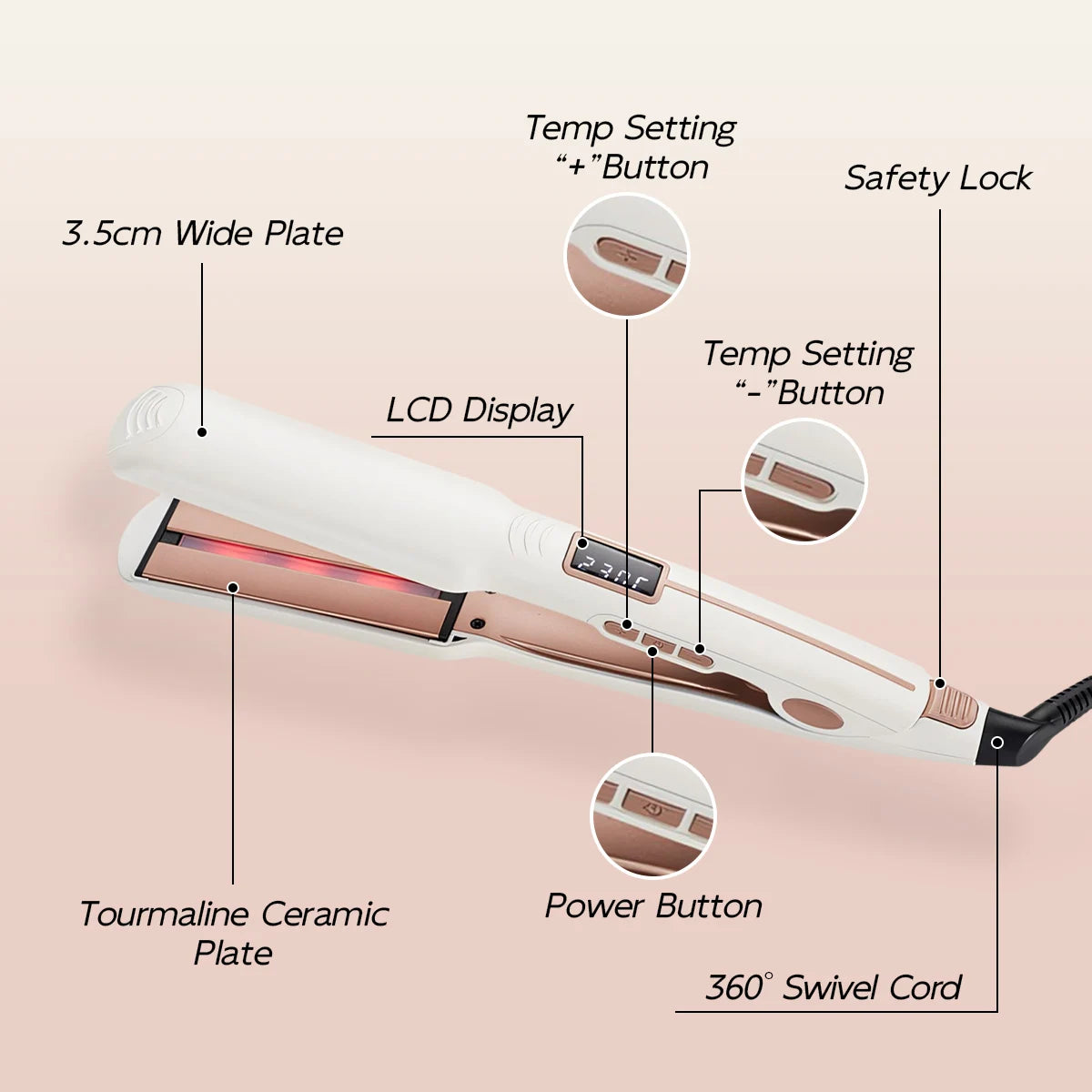 TQ-H2 Infrared Hair Straightener with LCD Display - Adjustable Temperature & Wet/Dry Use | White Styling Iron for Smooth Care