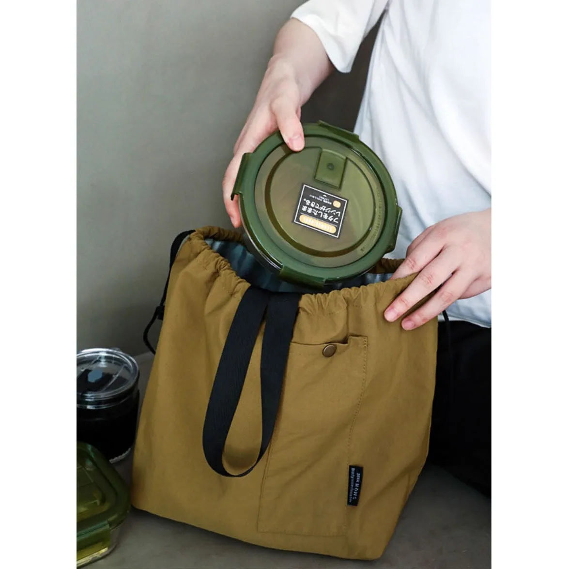 Japanese Korean Lunch Bag Cotton Canvas Large Solid Color Drawstring Portable Thermal Insulated Picnic Storage Bento Box Bag