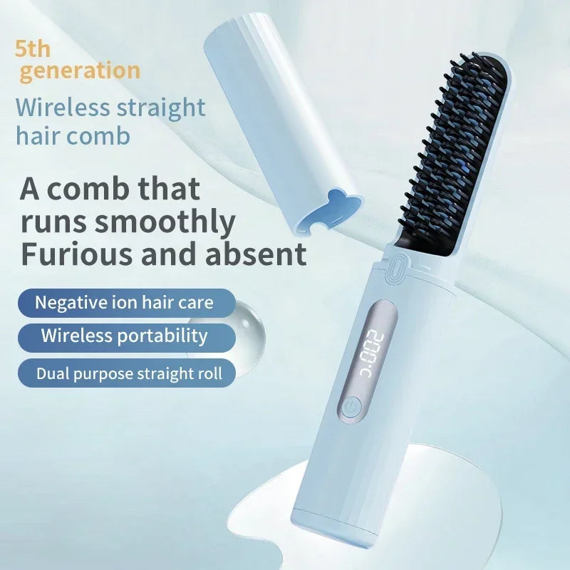 Wireless Electric Heating Straight Hair Comb Rechargeable Portable  Negative Ion Anti-scalding Hair Straightener For Home Travel